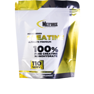 Frasco de Creatina Premium marca Metfroce con 110 servicios