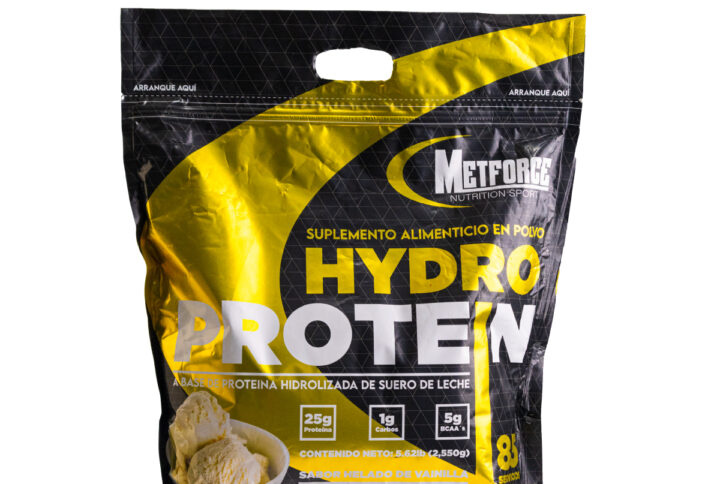 Saco de Hydro Protein Proteína hidrolizada de suero de leche marca Metforce Nutrition Sport 2.5 kg sabor vainilla